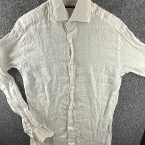 Lorenzini Linen White Long Sleeve Button Up Shirt Men 15.75 (40) Italy Made TALL